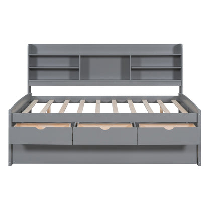 Captain Bed With Built In Bookshelves, 3 Storage Drawers, And Trundle