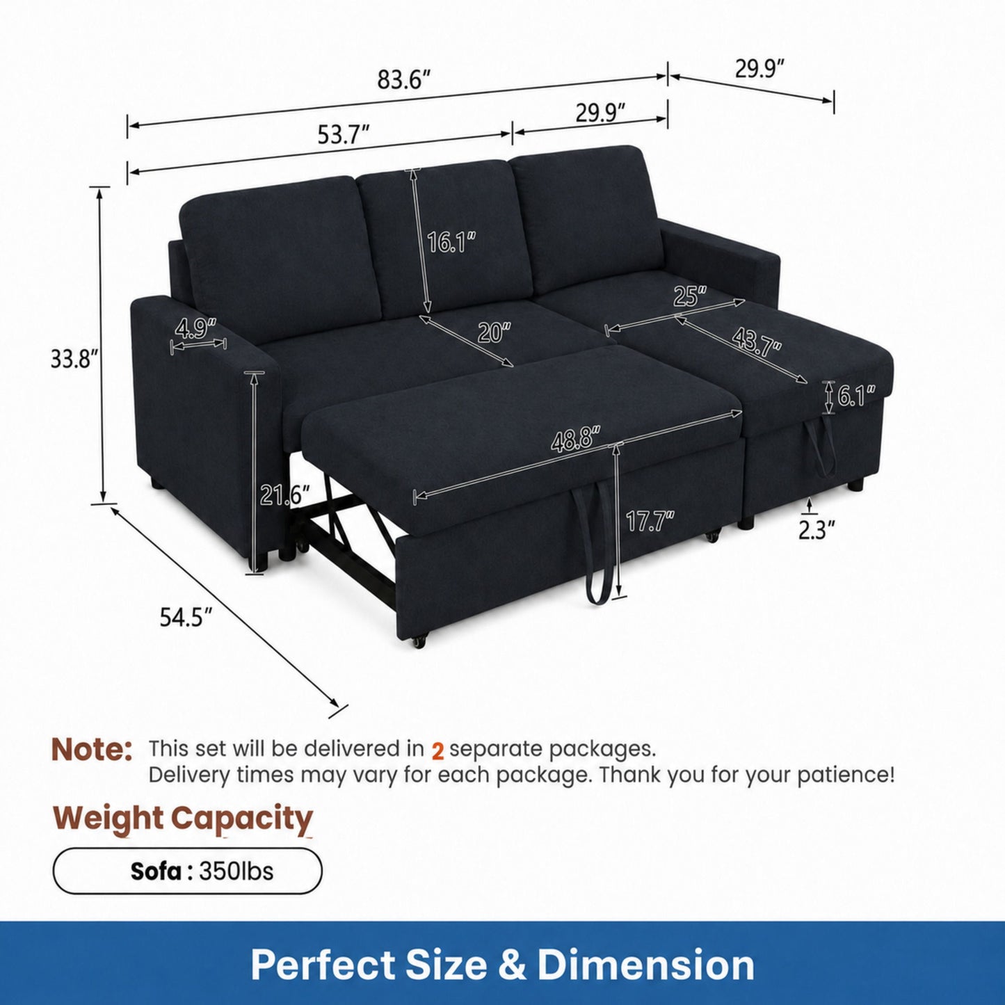 L - Shaped Convertible Sofa Bed With Storage Chaise