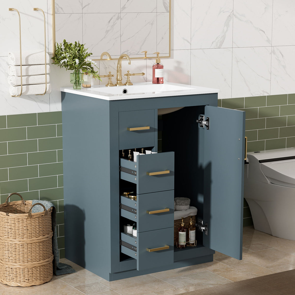 Bathroom Vanity With Integrated Sink, Rectangular Cabinet With 1 Door And 3 Drawers