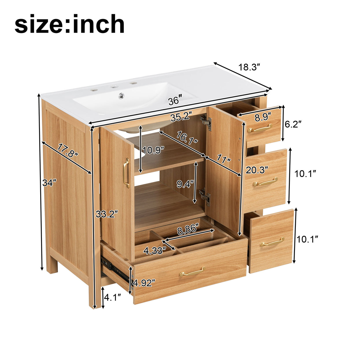 Bathroom Vanity, 2 Soft Close Doors, 4 Soft Close Drawers, Adjustable Shelf, Storage Cabinet - Acacia Wood