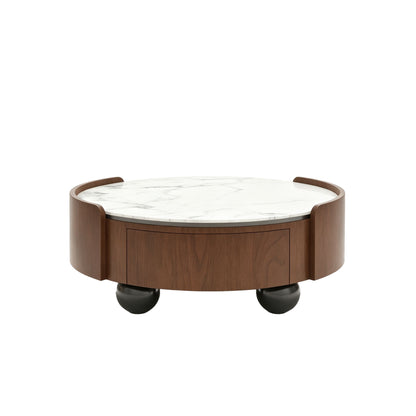 Round Coffee Table With Ball Feet, Dual Storage Drawers For Living Room - Walnut Brown