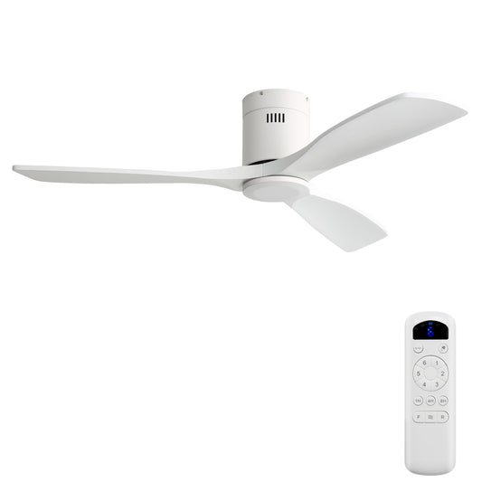 52" Flush Mount Ceiling Fan With Remote, No Light, 3 Blades, 6 Speed DC Motor For Indoor Patio - White