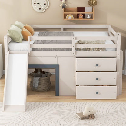 Modern Low Loft Bed With Slide, 3 Storage Drawers, And 2 Doors