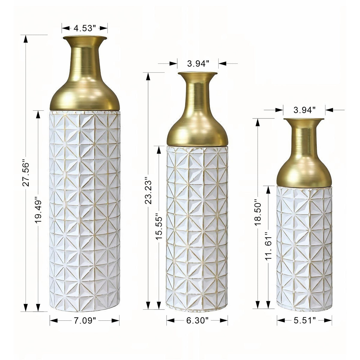 Tall Textured Geometric Decorative Floor Vases Home Decor (Set of 3) - White / Gold