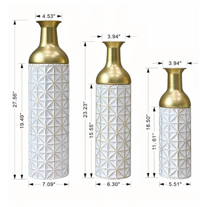 Tall Textured Geometric Decorative Floor Vases Home Decor (Set of 3) - White / Gold