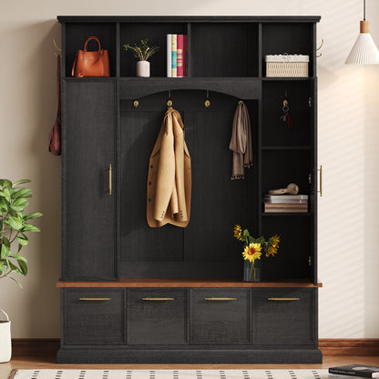 4 In 1 Hall Tree With Hooks & Handles, Adjustable Shelves, Coat & Shoe Rack For Mudroom