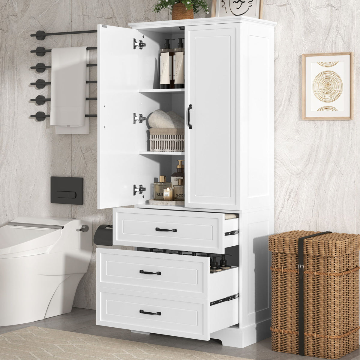 Tall Bathroom Storage Cabinet With 2 Doors And Drawers, Adjustable Shelf - White