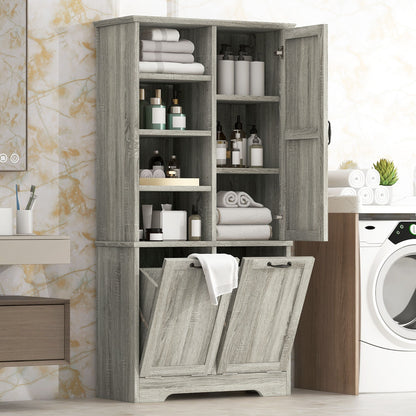 Freestanding Bathroom Storage Cabinet With Doors And Drawers, Adjustable Shelves, Tilt-Out Laundry Hamper