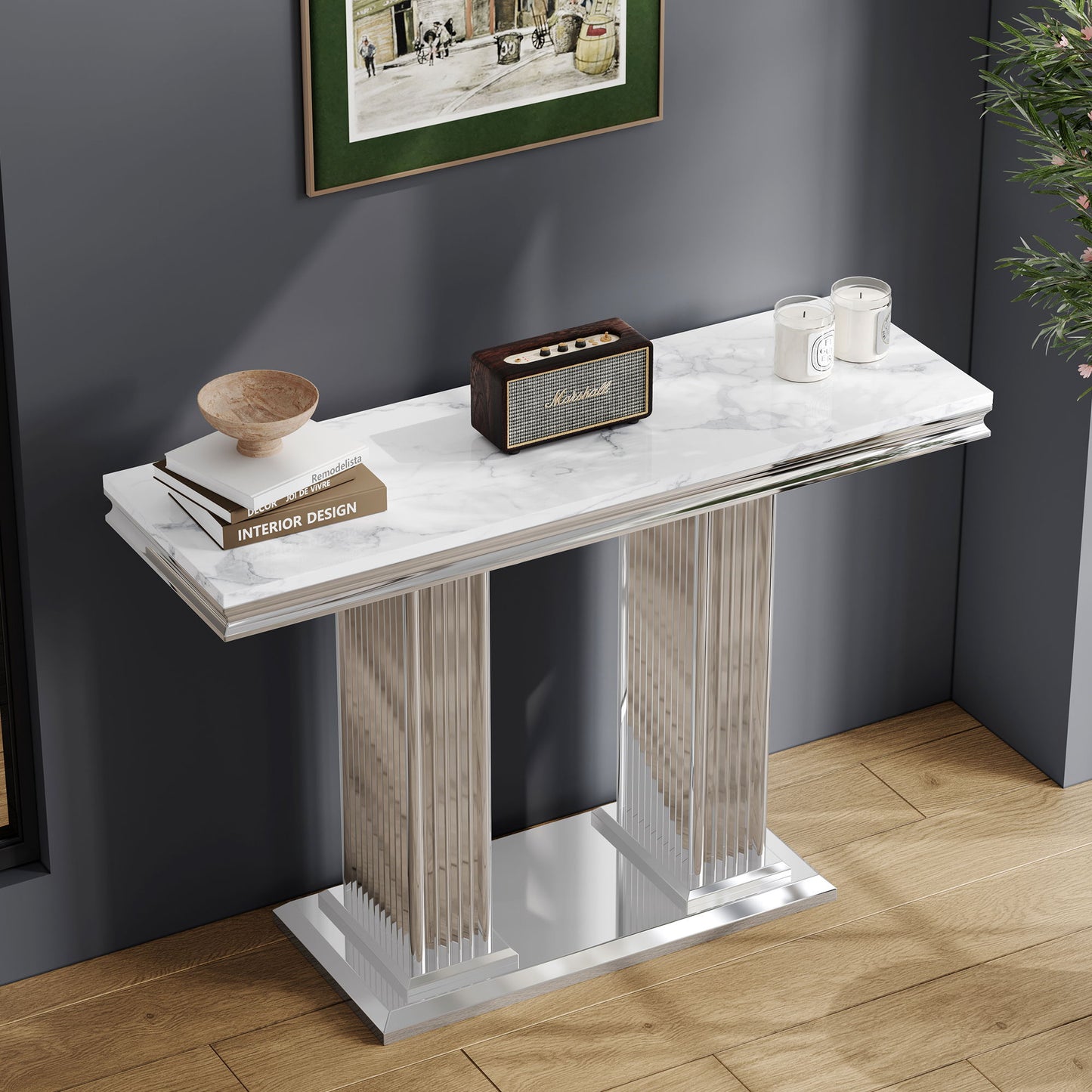 Printed Top Rectangular Console Table, Base With Mirrored Finish