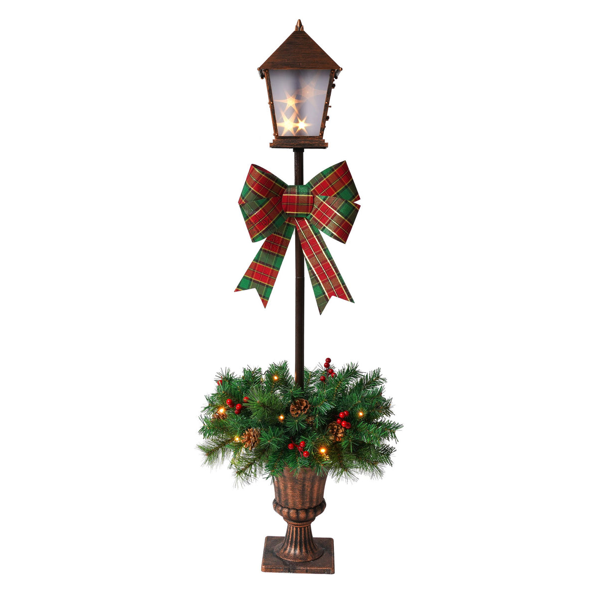 Christmas Lamp Post Decor With Plaid Bow, Artificial Outdoor Holiday Decor (Set of 2) - Brown / Bronze / Green