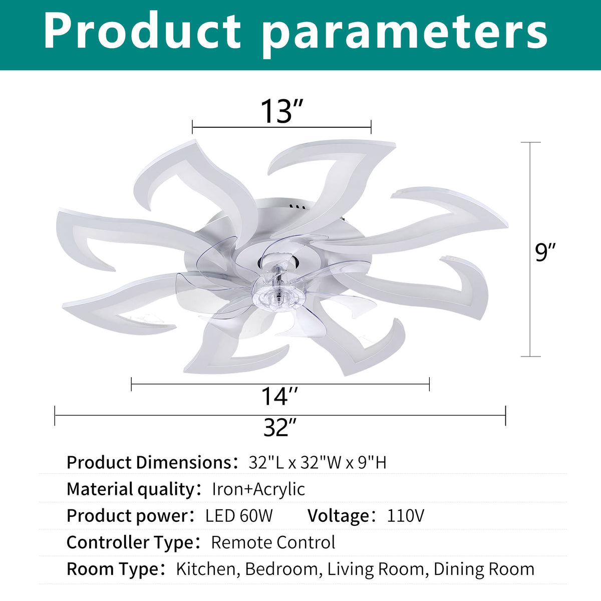 Flower Ceiling Fan With Remote Controlled LED Light, Flush Mount DC Motor Fan