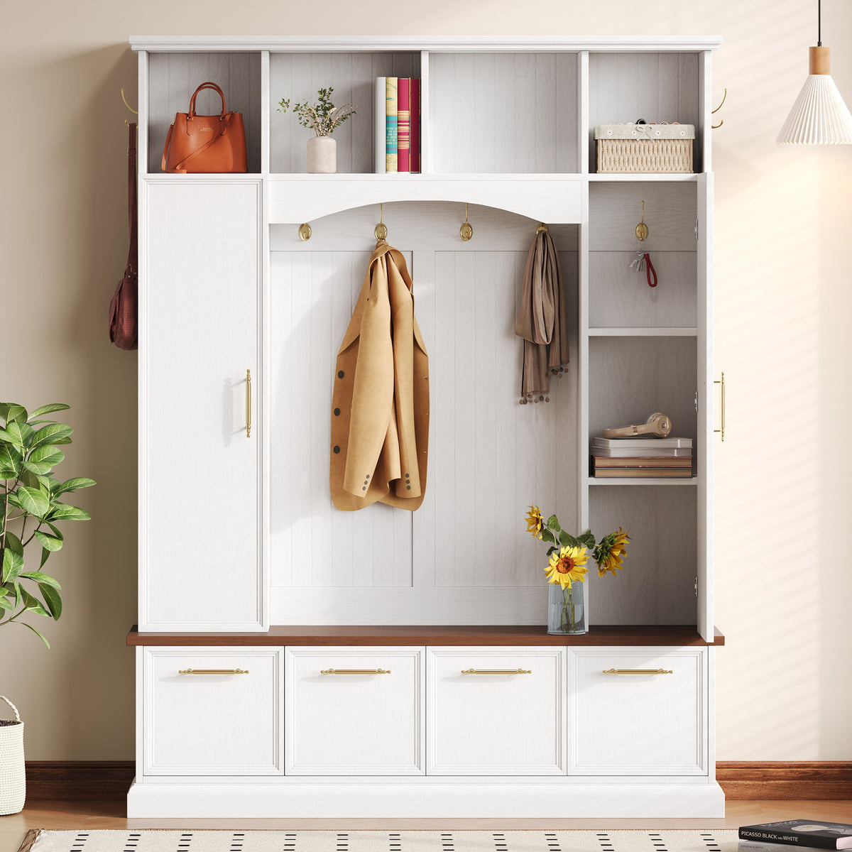 4 In 1 Hall Tree With Hooks & Handles, Adjustable Shelves, Coat & Shoe Rack For Mudroom