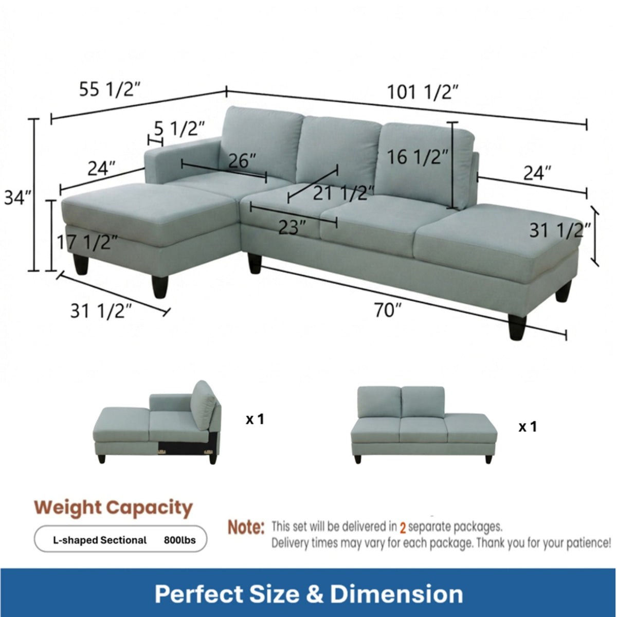 L - Shaped Sectional Sofa With Left Chaise & Ottoman - Pale Green