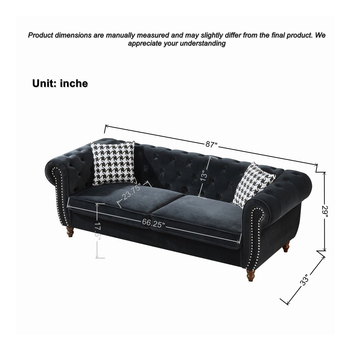 Chesterfield Upholstery Fabric Sofa With Roll Armrest & Nailhead, Mid Century Modern 3 And 3 Seater Couch