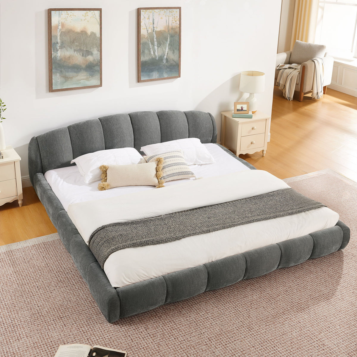 Upholstered Platform Bed Frame, Low Profile Floor Bed, No Box Spring Required