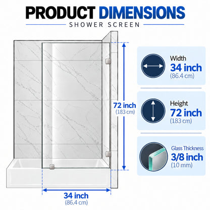 Frameless Bathtub Shower Screen, Reversible Installation