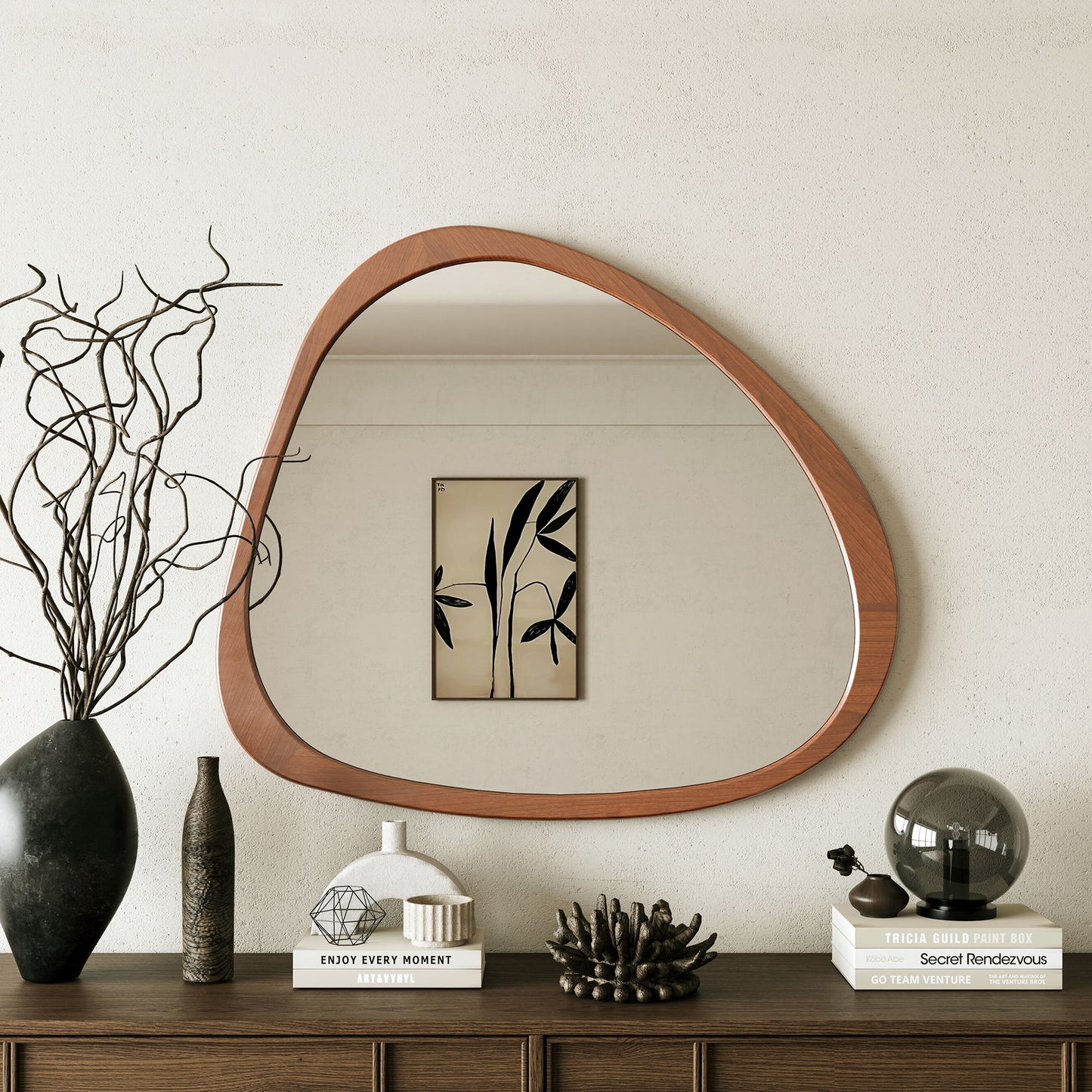 Asymmetrical Wall Mirror Wooden Framed Mirror Large Sized Dressing Mirror, For Living Room, Bedroom, Bathroom, Hallway Or Entry Way - Natural Wood