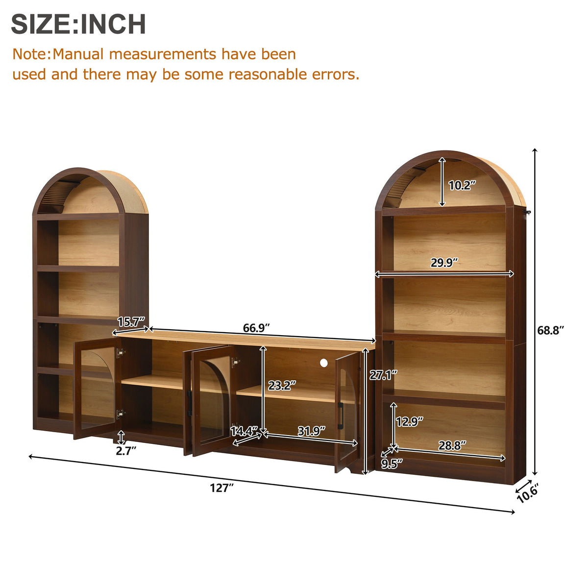 3 Piece TV Stand Set With Bookshel, Entertainment Center With Arched Design
