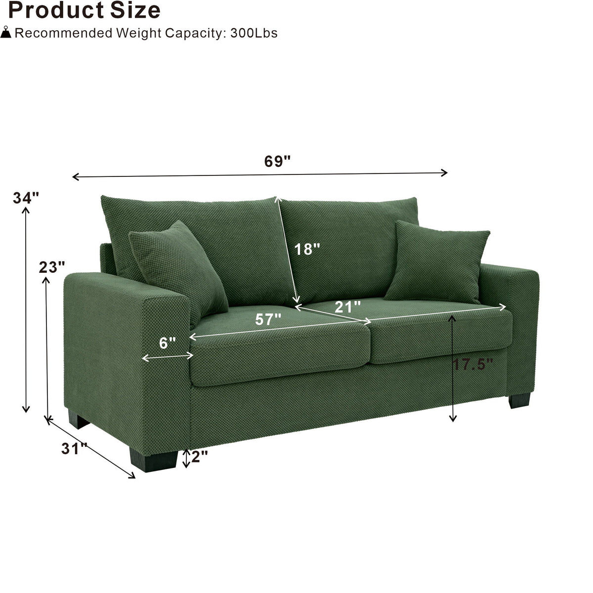 2 Seater Sofa, 2 Throw Pillows For Living Room