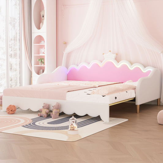 Extending Daybed With LED Lights, Modern Upholstered Princess Daybed With Crown Headboard
