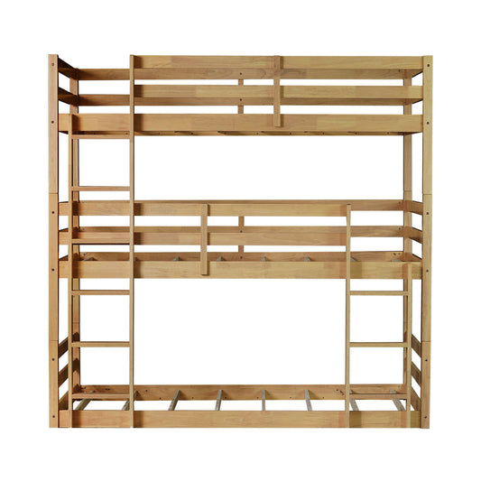 Twin Over Twin Over Twin Triple Bunk Bed With 2 Built In Ladders, Guardrails - Natural