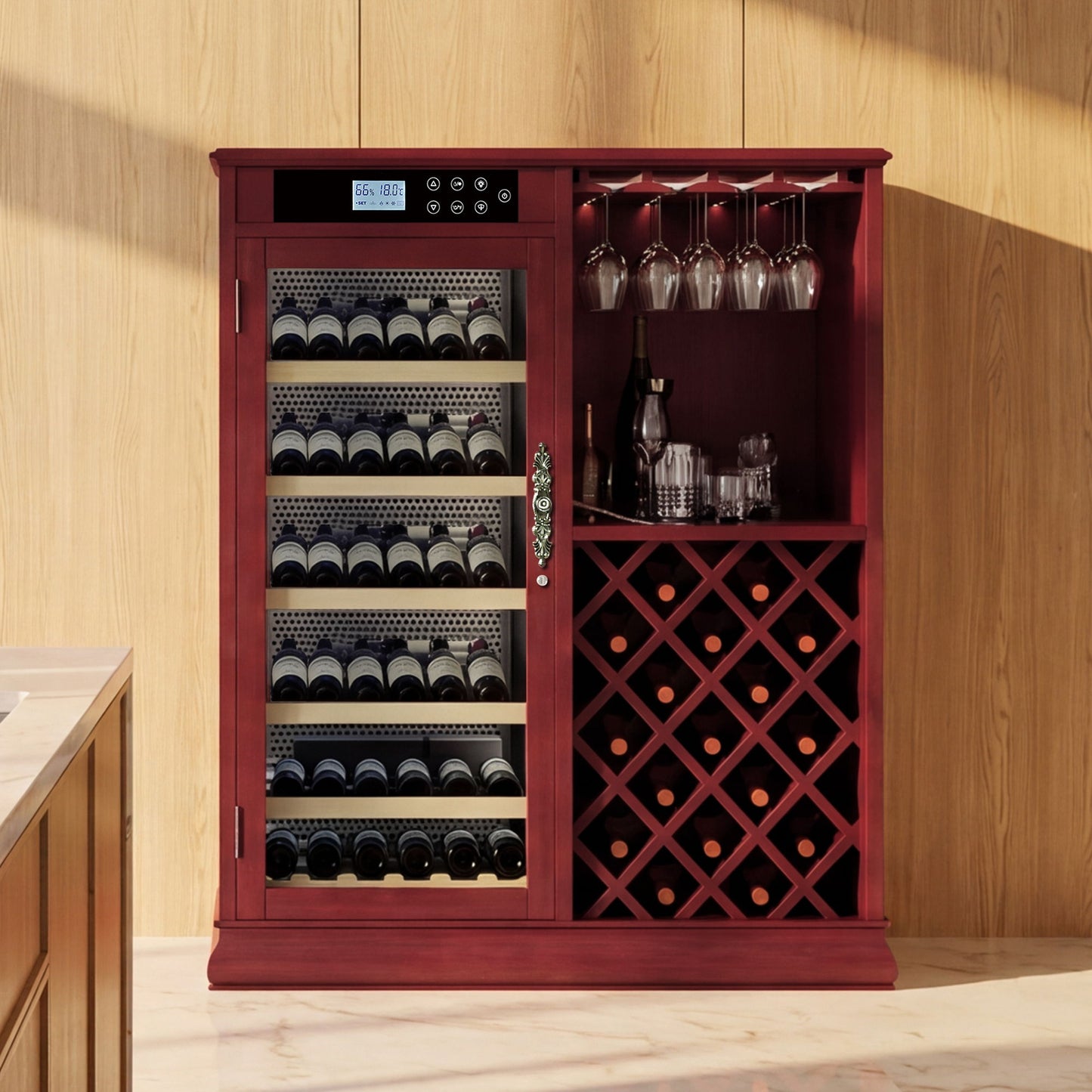 69 Bottle Wine Fridge With Touch Control, LED Lighting, Humidity Regulation - Cherry