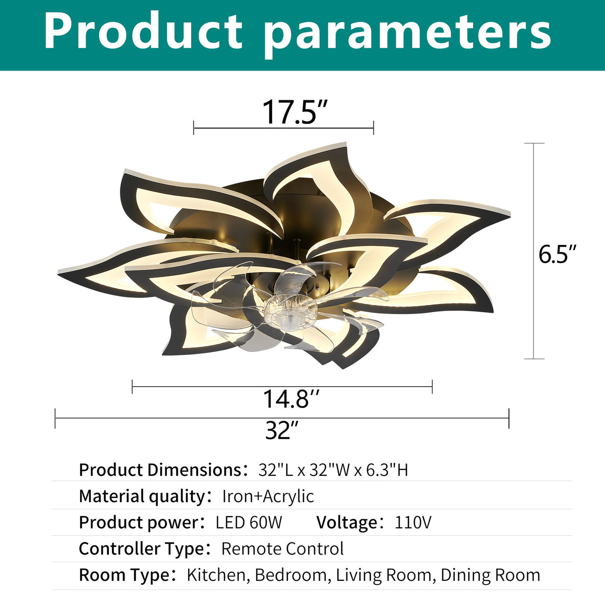 32" Flower Ceiling Fan With LED Dimmable Light, Low Profile Flush Mount Fan With Remote Control, 6 Speeds