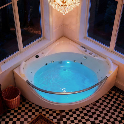Korra - 2 Person Acrylic Corner Whirlpool Bathtub With Hydro Massage, Rainbow Light, Heater - Milk White