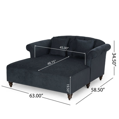 Upholstered Chaise Lounge With Scroll Arms, Turned Legs And 2 Pillows - Charcoal
