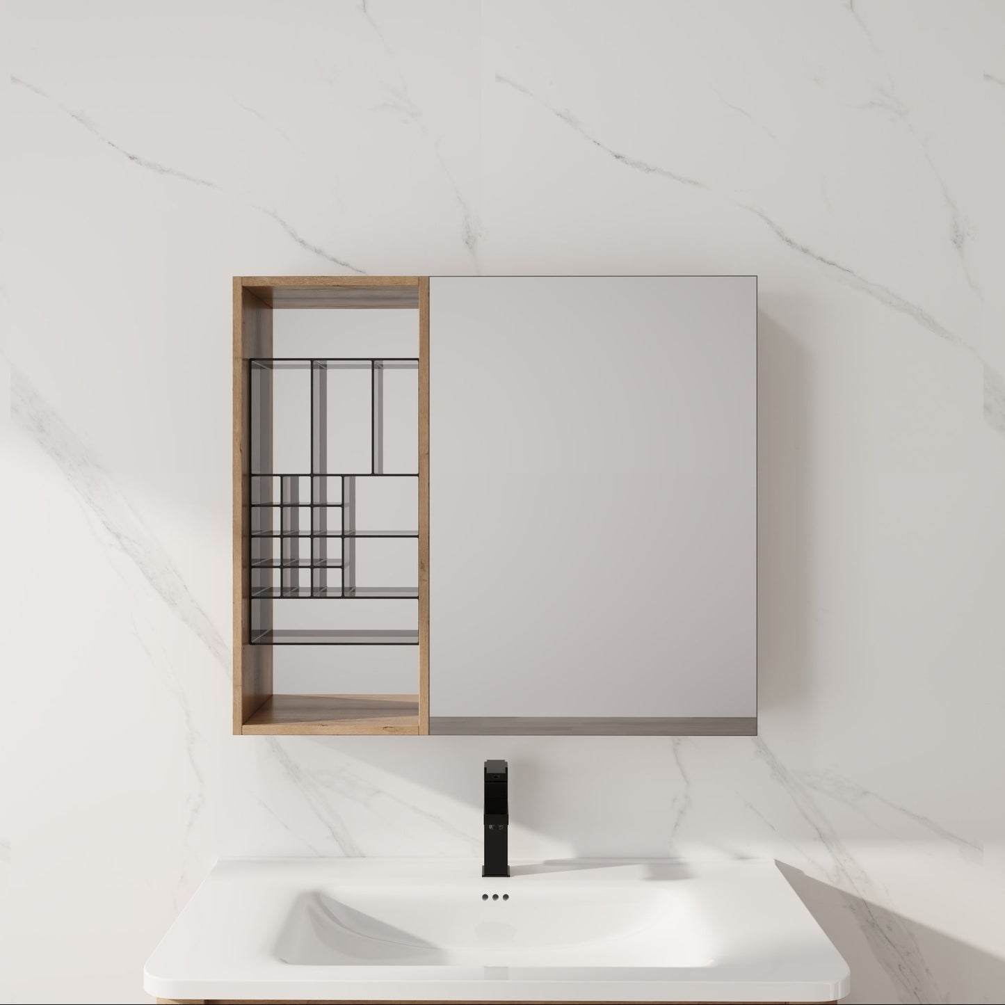 Wall Mounted Bathroom Mirror Cabinet With Adjustable Shelves - Imitative Oak