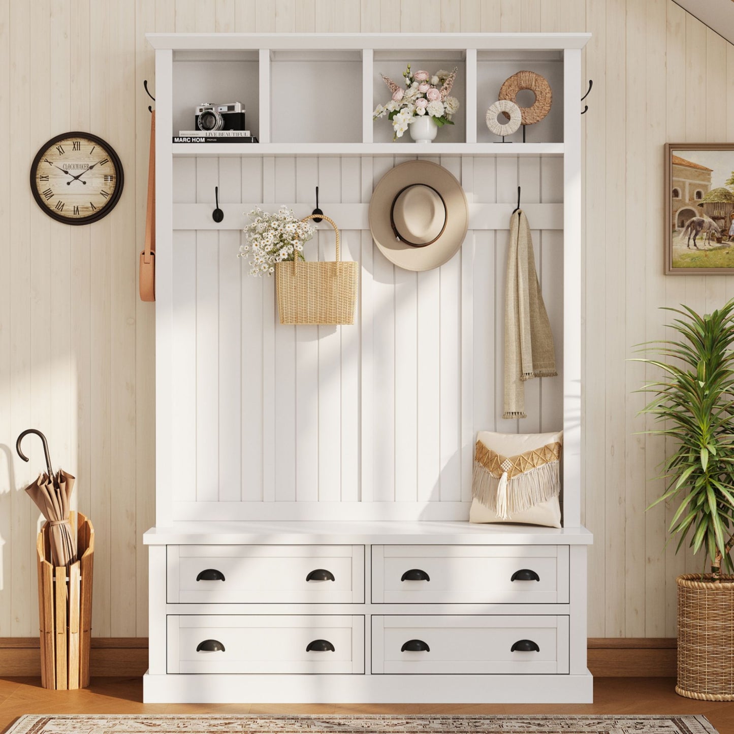 Hall Tree With 4 Drawers, Coat Rack With 6 Hooks