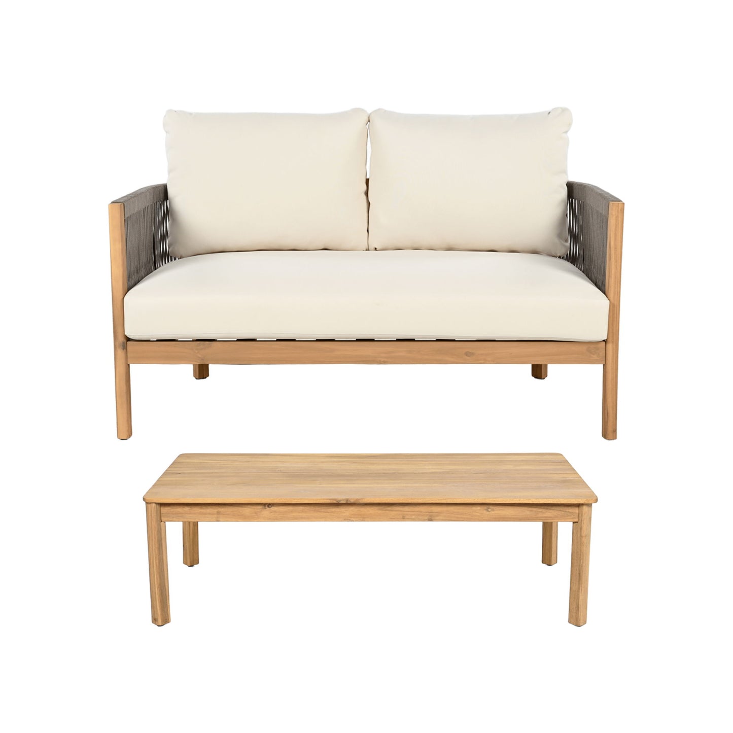 2 Pieces Outdoor Acacia Furniture Set, Woven Rope Outdoor Patio Loveseat, 2 Seat Deep Seating Group With Cushions And Coffee Table For Porch - Teak / Gray / Beige