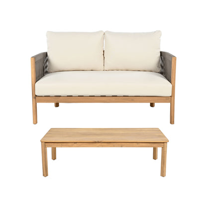 2 Pieces Outdoor Acacia Furniture Set, Woven Rope Outdoor Patio Loveseat, 2 Seat Deep Seating Group With Cushions And Coffee Table For Porch - Teak / Gray / Beige