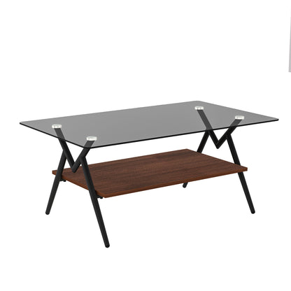 Rectangle Coffee Table With Tempered Glass Top And Shelf, Modern Table For Living Room