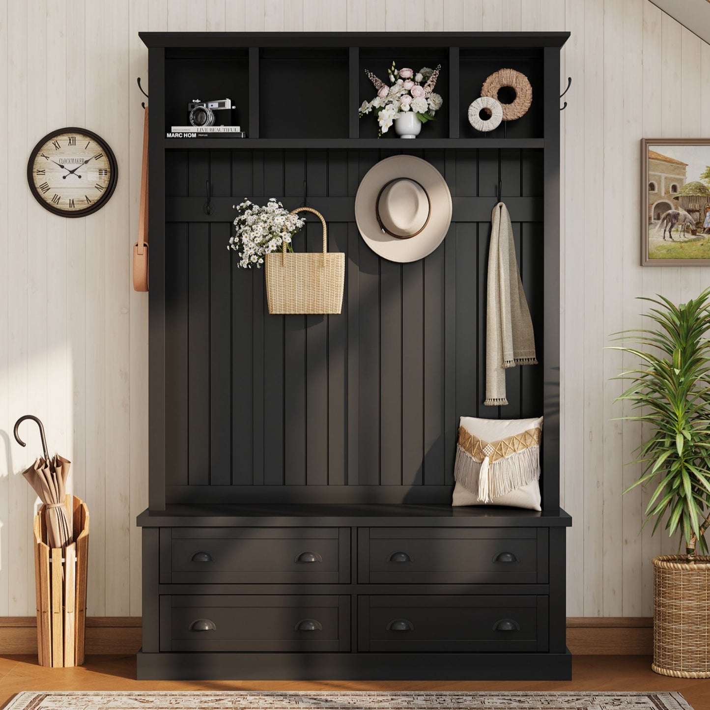 Hall Tree With 4 Drawers, Coat Rack With 6 Hooks