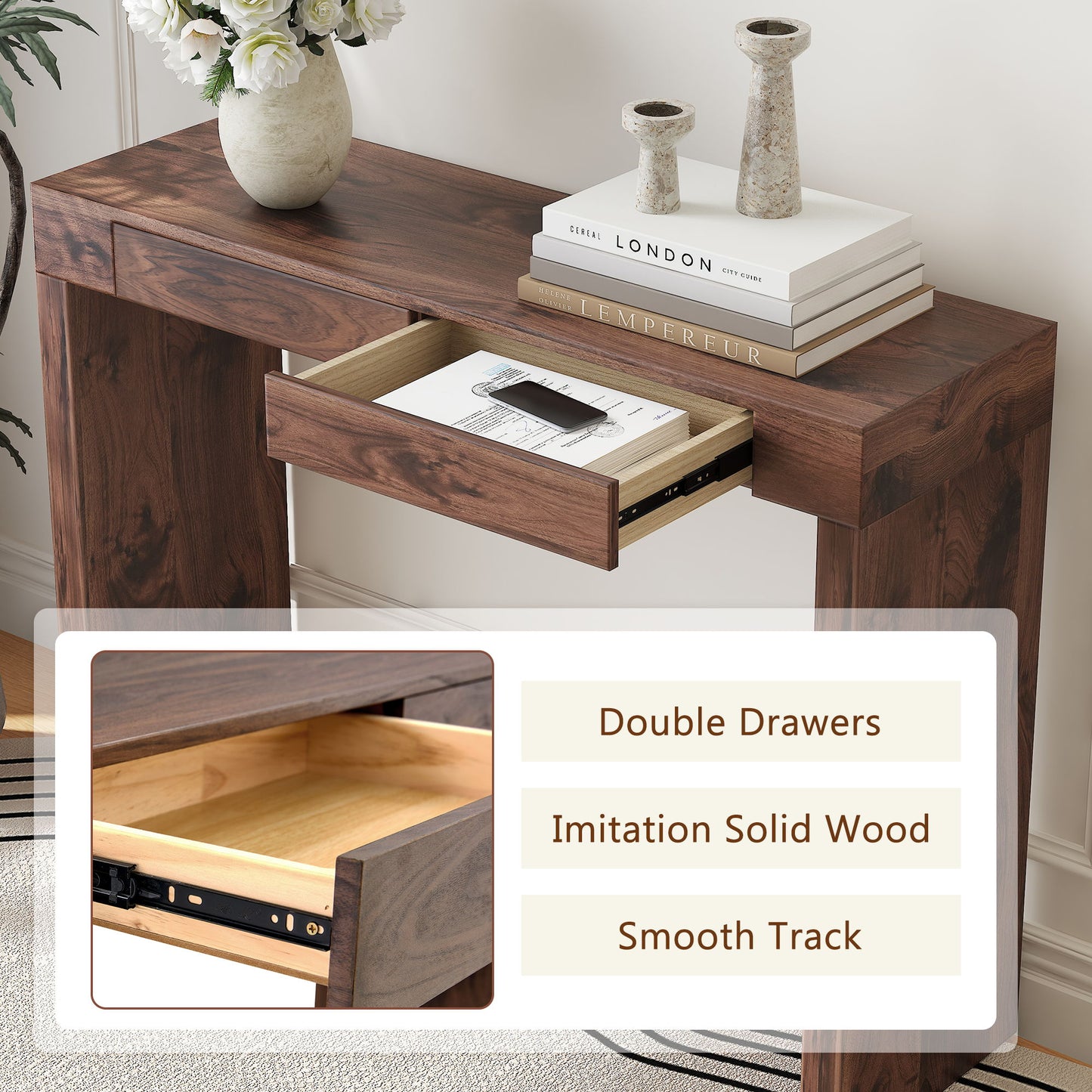 Console Table With Double Drawers - Walnut