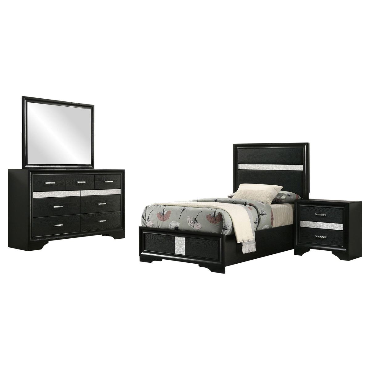 Modern Bedroom Set With Upholstered Headboard And Textured Storage