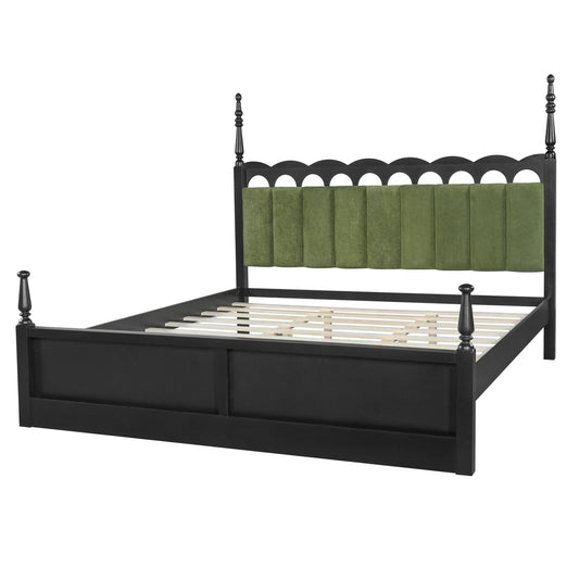 Platform Bed Frame With Tufted Upholstered Scallop Headboard