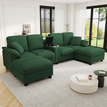 Modern U - Shaped Sectional Sofa With Storage Ottomans, USB Ports, And Cup Holders