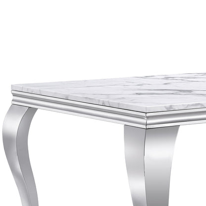 Marble Printed Rectangular Dining Table, Frame And Stainless Steel Legs - Silver / White