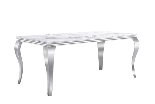 Marble Printed Rectangular Dining Table, Frame And Stainless Steel Legs - Silver / White