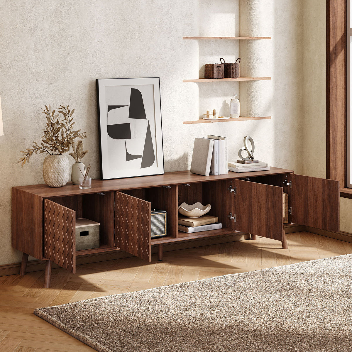 70" TV Stand For TVs Up To 80", Soft Closing Hinges And Cable Management - Walnut