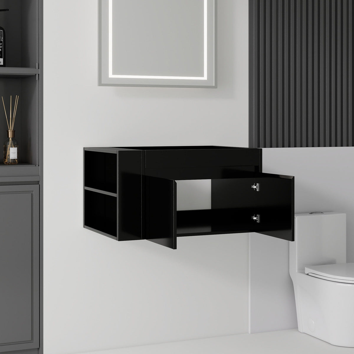 Floating Bathroom Vanity Cabinet, Soft Close Double Drawers, Open Side Storage, Wall Mounted, Cabinet Only