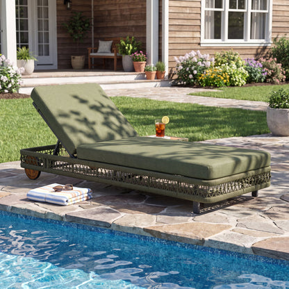 Outdoor Chaise Lounge With Wheels, 5 Position Adjustable Backrest