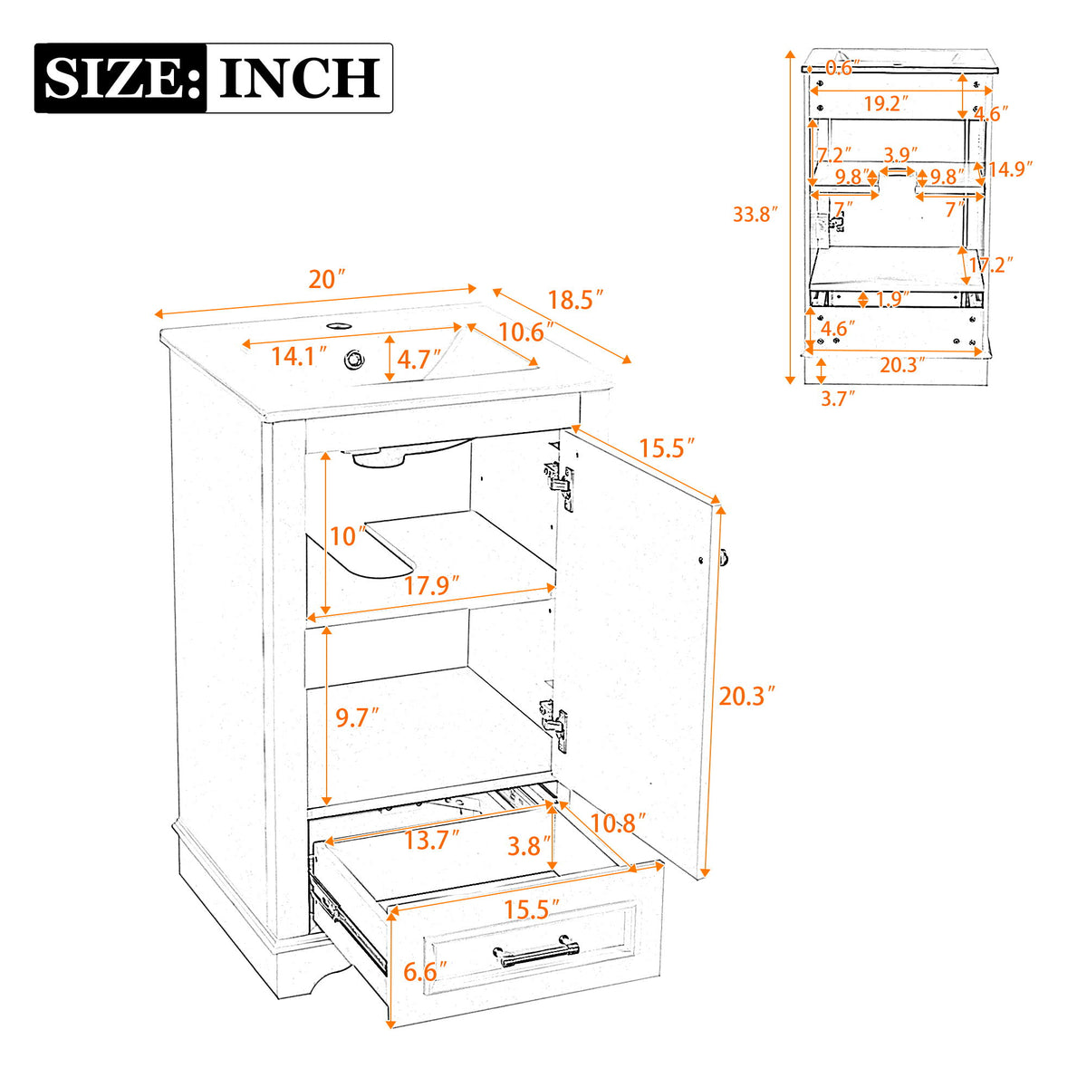 20" Bathroom Vanity With Sink, 1 Drawer, Freestanding Single Set