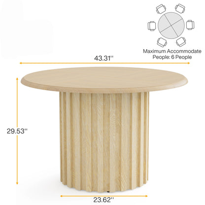 Round Dining Table With Fluted Pedestal Base, Circle Kitchen & Dinner Table - Natural Wood