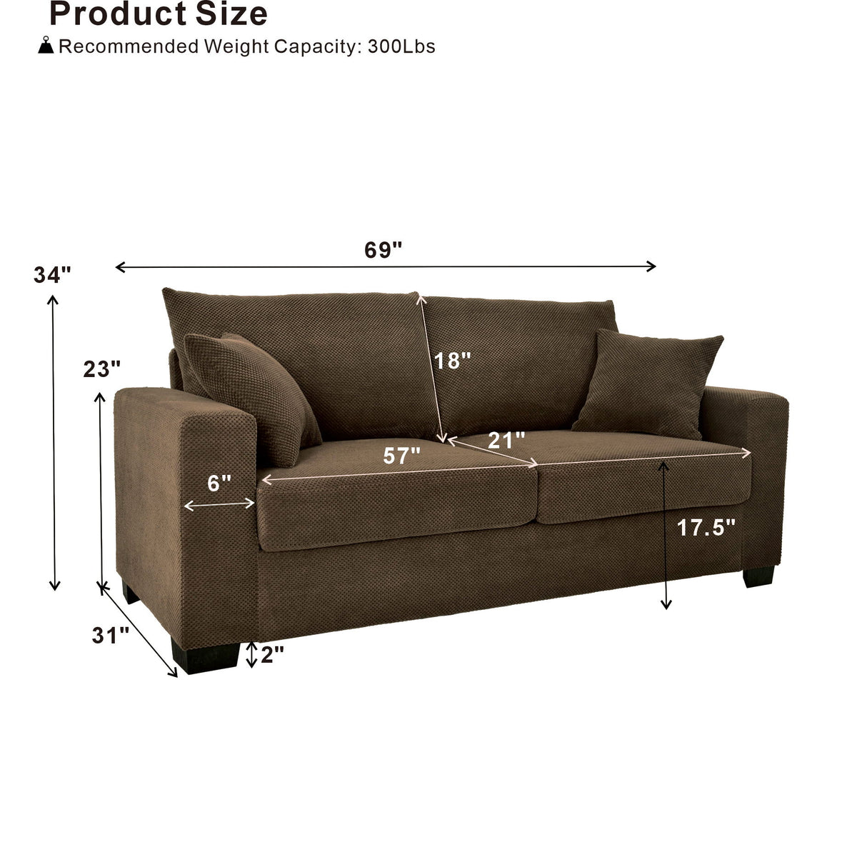 2 Seater Sofa, 2 Throw Pillows For Living Room