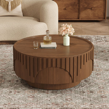 Round Fluted Drum Coffee Table With Sturdy Base For Living Room