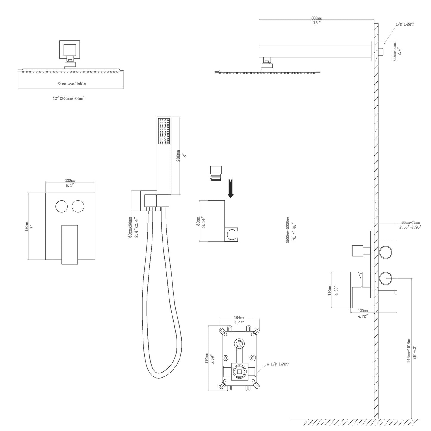Dual Shower Head System With Square Rain Shower And Rough In Valve