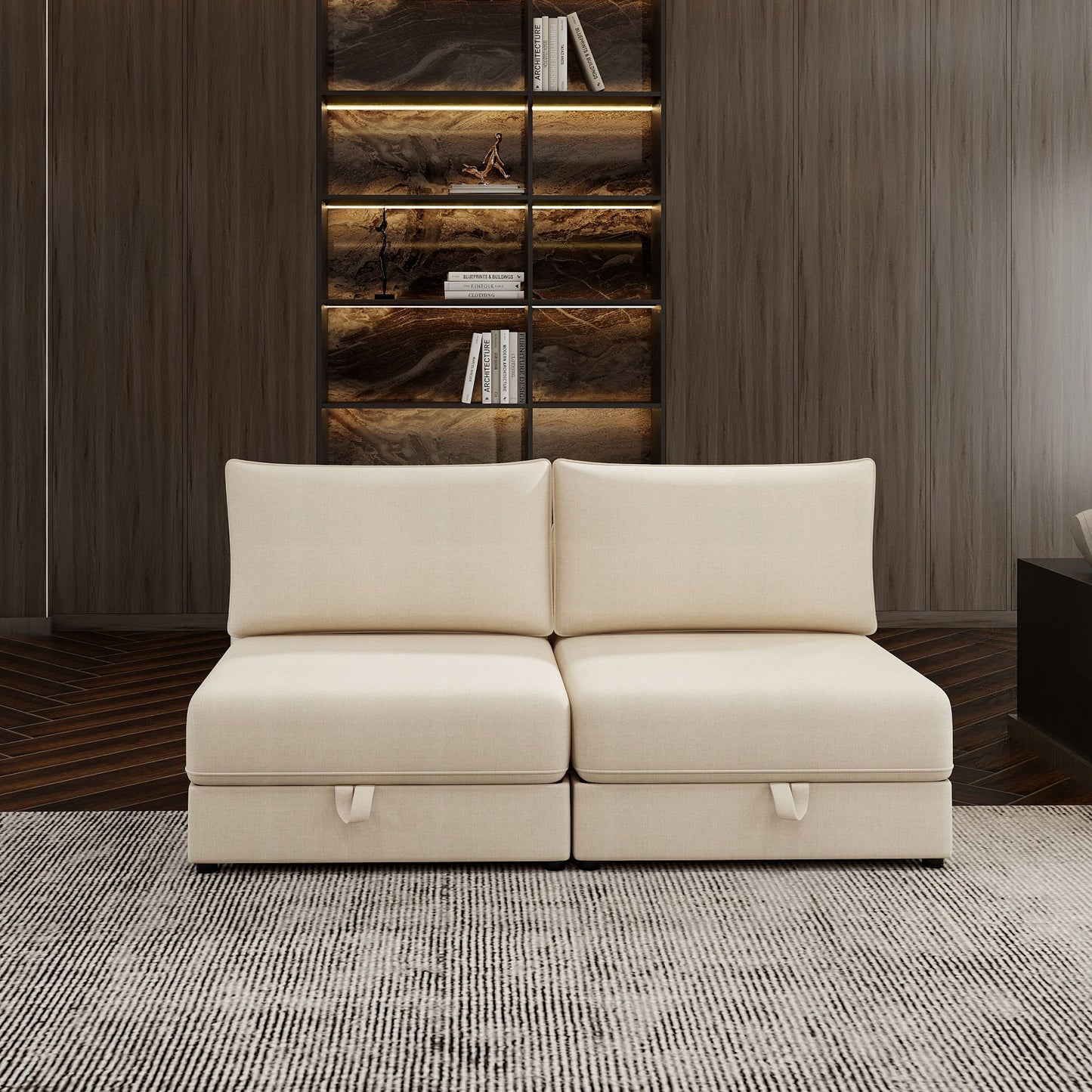 Modular Sectional Sofa With Storage, Convertible 2 Seater Sleeper Sofa - Beige